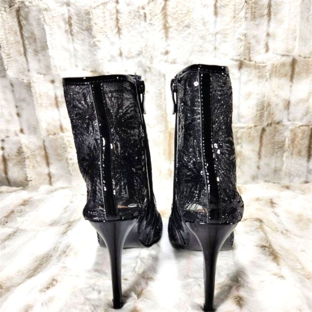☆ Mack J Black Mesh Starburst Sequin High Heel Ankle Boots - Picture 6 of 12